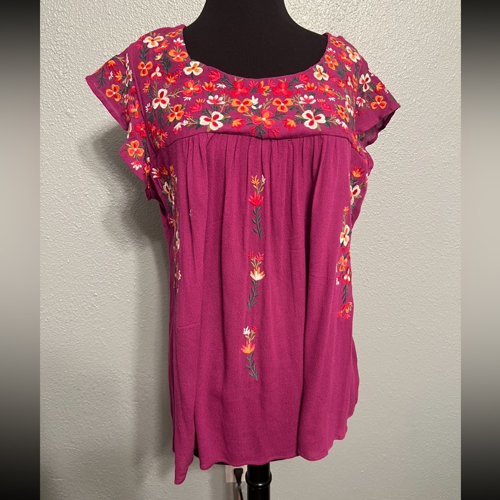 Savanna Jane Floral Embroidered Blouse - Magenta and Red